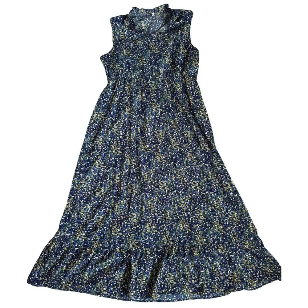 CzYinXian Blue Floral Maxi Dress Sleeveless Ruffle Hem Size 2XL